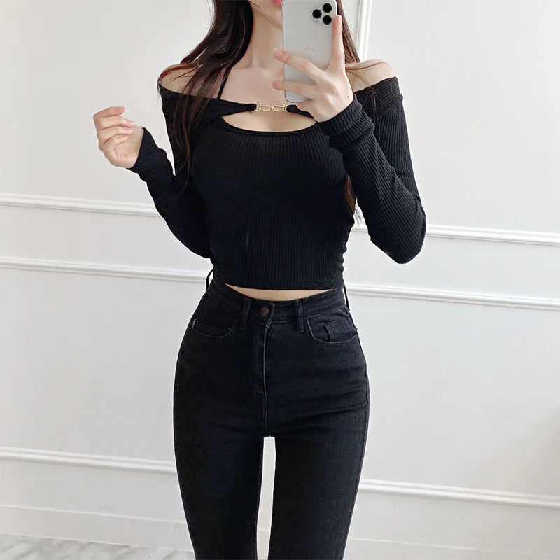 Summer Slim Fit Comfortable Sexy Halter Strap Metal Buckle T-shirt+Korean Slim Fit Short Knit