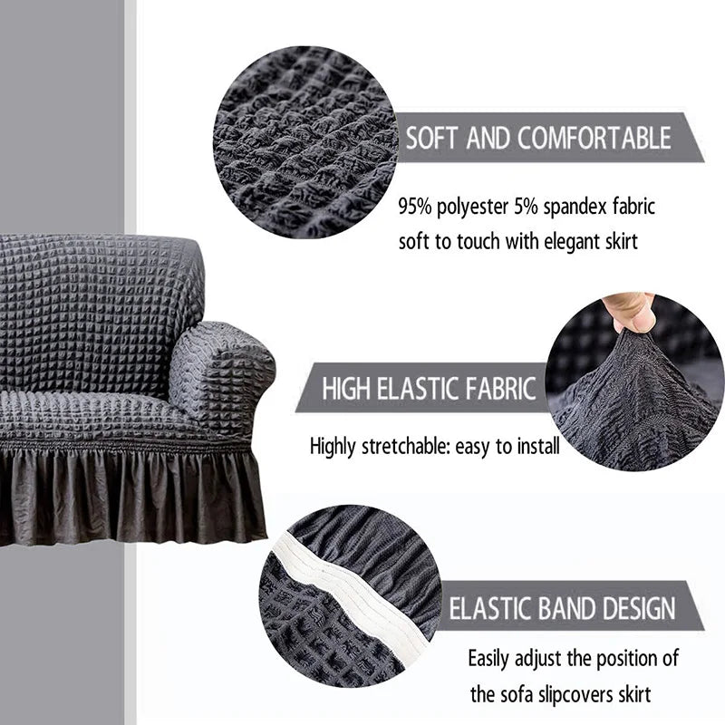 Ruffled Skirt Seersucker Sofa Slipcover | High-Elasticity Elegant Couch Cover
