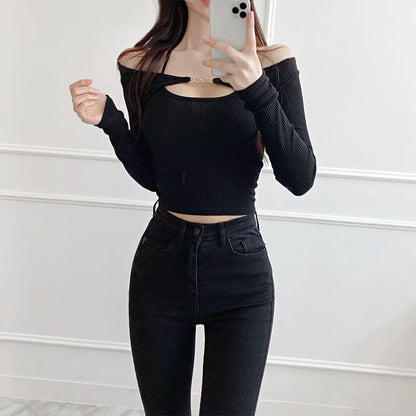Summer Slim Fit Comfortable Sexy Halter Strap Metal Buckle T-shirt+Korean Slim Fit Short Knit