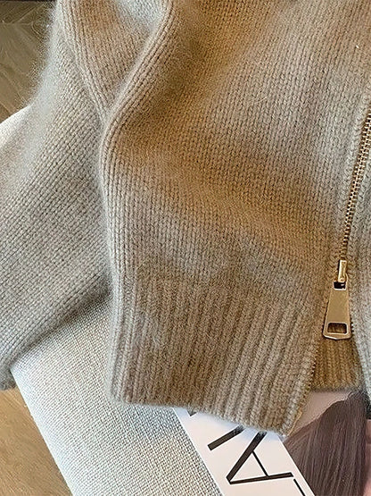 Patchwork Zipper Cropped Cardigan Women 400g Thick Autumn Knitted Sweater Jacket Vintage 2000s