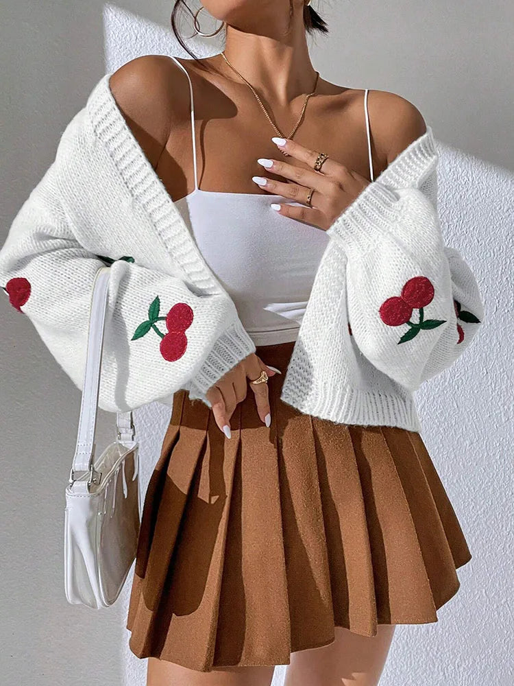 Fashionable Low Shoulder Cherry Embroidery Pattern Cardigan Commuter Sweater Women's Loose