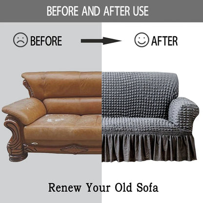 Ruffled Skirt Seersucker Sofa Slipcover | High-Elasticity Elegant Couch Cover