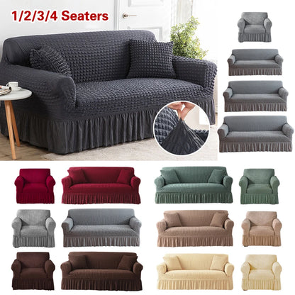 Ruffled Skirt Seersucker Sofa Slipcover | High-Elasticity Elegant Couch Cover