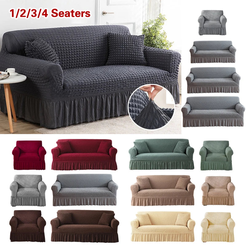 Ruffled Skirt Seersucker Sofa Slipcover | High-Elasticity Elegant Couch Cover