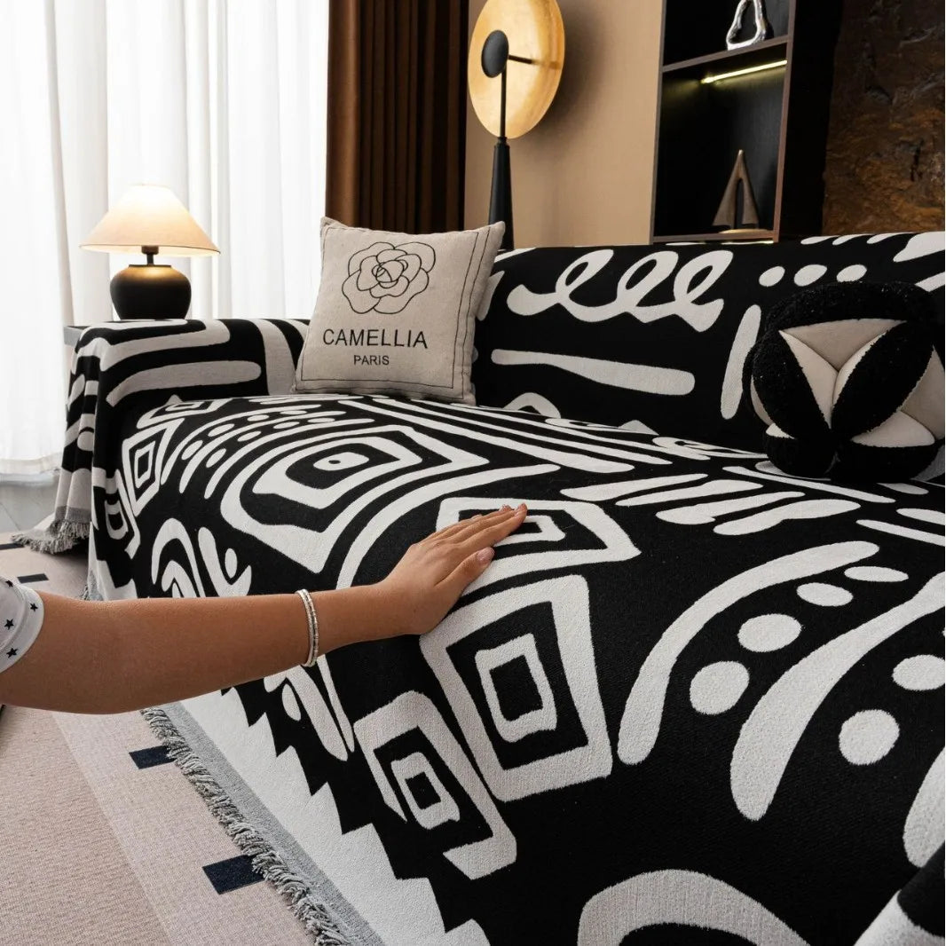 Bohemian Geometric Chenille Sofa Blanket | All-Season Furniture Throw Cover