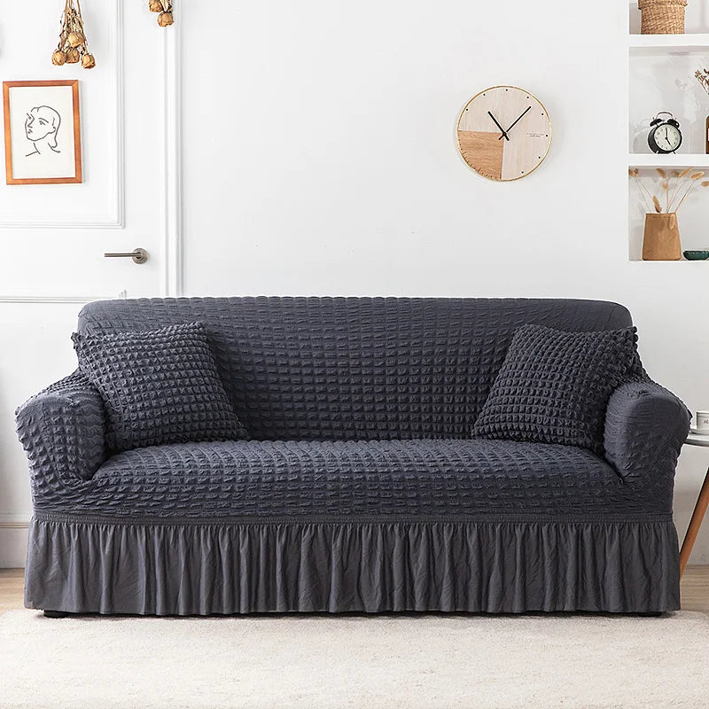 Ruffled Skirt Seersucker Sofa Slipcover | High-Elasticity Elegant Couch Cover