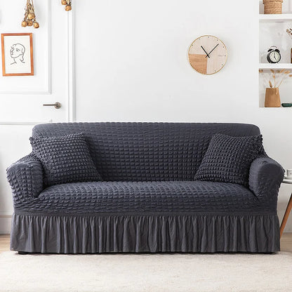 Ruffled Skirt Seersucker Sofa Slipcover | High-Elasticity Elegant Couch Cover
