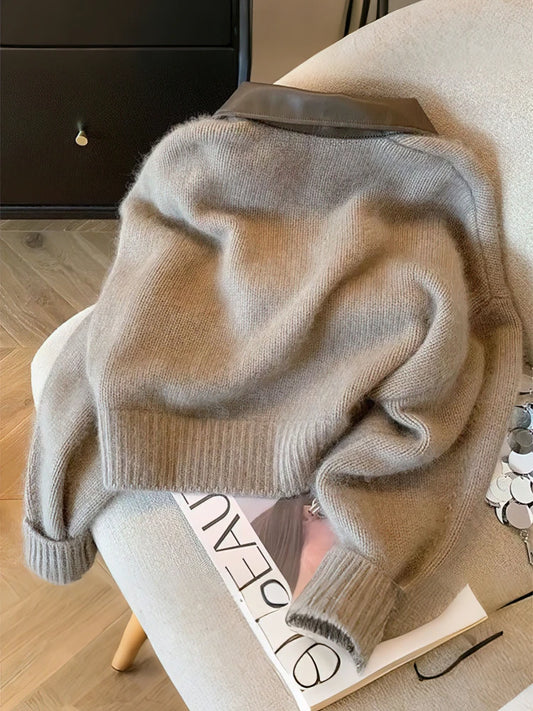 Patchwork Zipper Cropped Cardigan Women 400g Thick Autumn Knitted Sweater Jacket Vintage 2000s