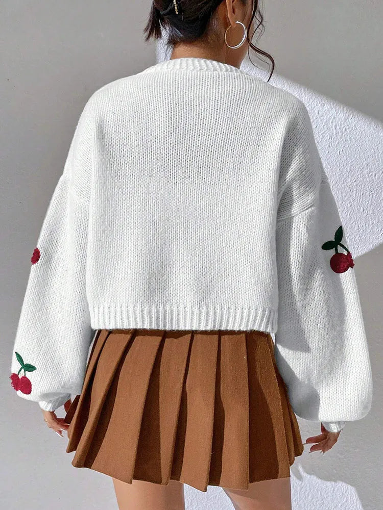 Fashionable Low Shoulder Cherry Embroidery Pattern Cardigan Commuter Sweater Women's Loose