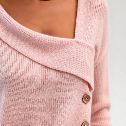 Women Asymmetric Off-Shoulder Knit Sweater Long Sleeve Decorative Buttons Pullover Elegant