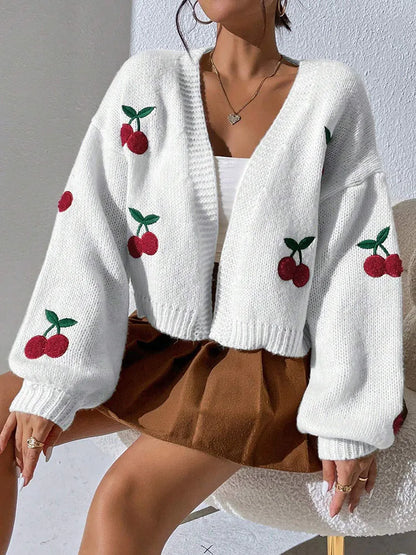 Fashionable Low Shoulder Cherry Embroidery Pattern Cardigan Commuter Sweater Women's Loose