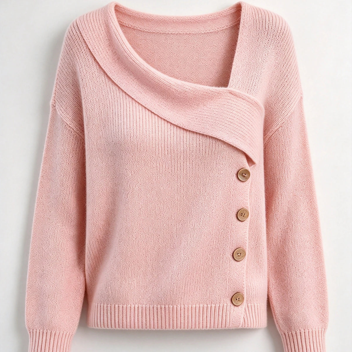 Women Asymmetric Off-Shoulder Knit Sweater Long Sleeve Decorative Buttons Pullover Elegant