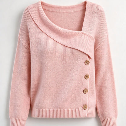 Women Asymmetric Off-Shoulder Knit Sweater Long Sleeve Decorative Buttons Pullover Elegant