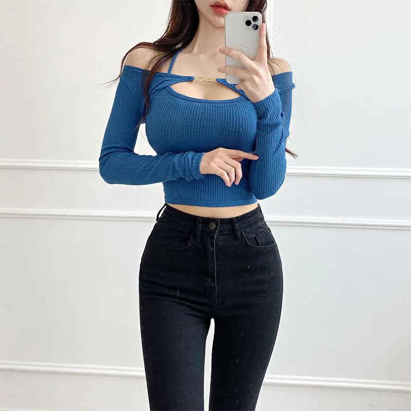 Summer Slim Fit Comfortable Sexy Halter Strap Metal Buckle T-shirt+Korean Slim Fit Short Knit