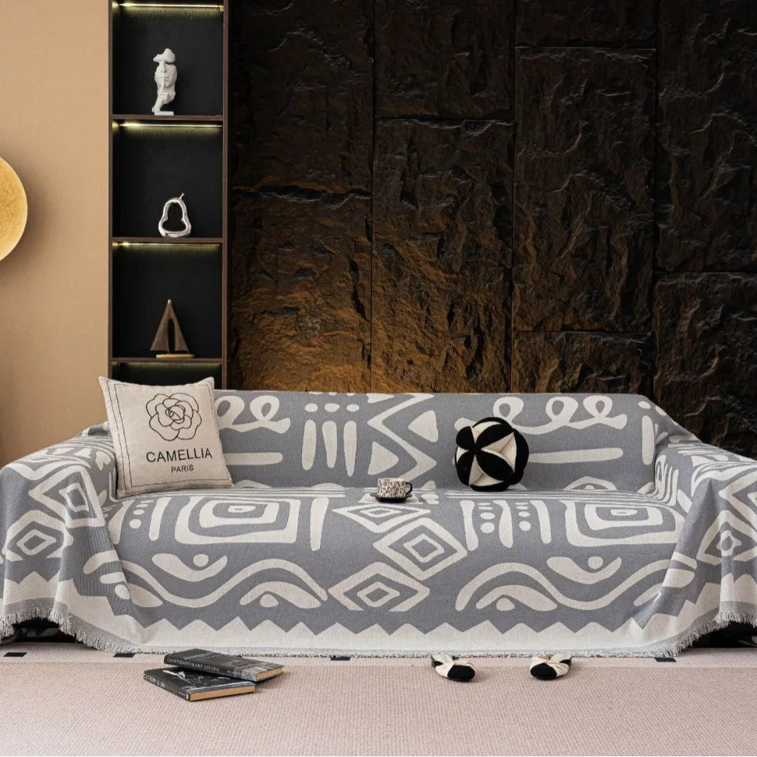 Bohemian Geometric Chenille Sofa Blanket | All-Season Furniture Throw Cover