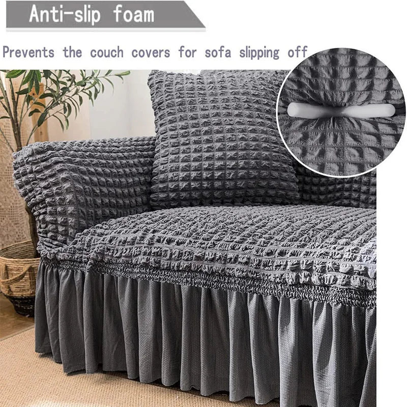 Ruffled Skirt Seersucker Sofa Slipcover | High-Elasticity Elegant Couch Cover
